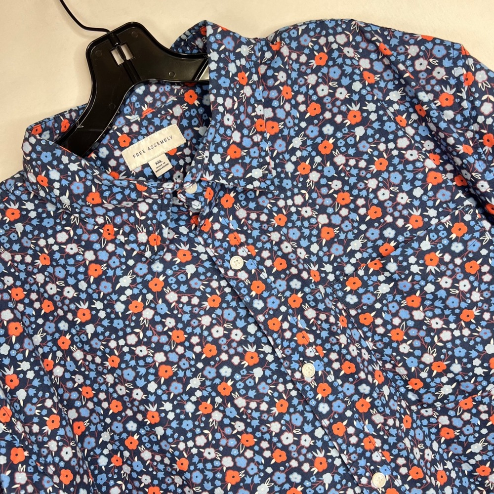 Free Assembly Blue Floral Mens Shirt XXL Cotton Linen‎ Short Sleeve Button Down